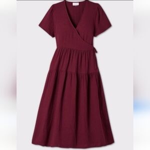 Universal Thread Gauze Cotton Tiered Midi Wrap Dress Burgundy Size L